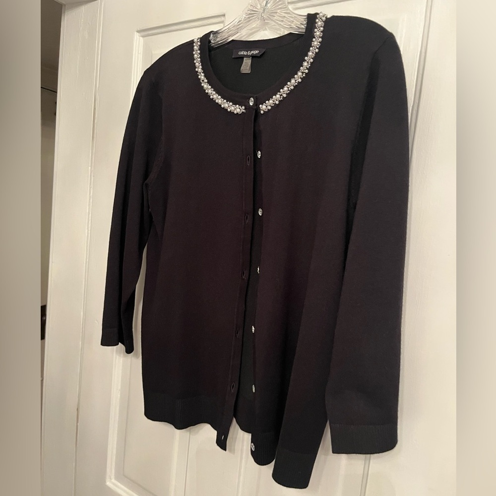 Womens Cable & Gauge Black Cardigan Sweater XL Beaded Neckline 3/4 sleeve wow! - Picture 2 of 11